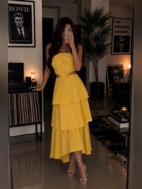 Farm Rio 3D Floral Tiered Midi Dress Yellow Cutout Linen Blend Womens XS EUC